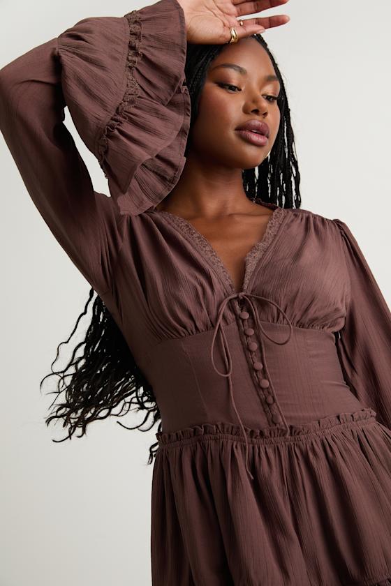 Ayaana Brown Long Sleeve Tiered Mini Dress