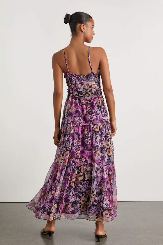Dayah Purple Floral Ruffled Tiered Midi Dress