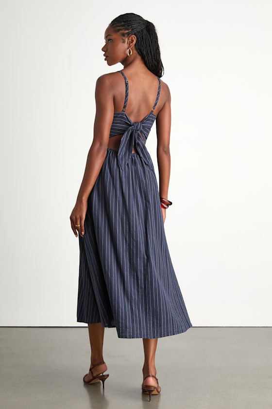 Feeling the Best Navy Striped Tie-Back Midi Dress with Pockets