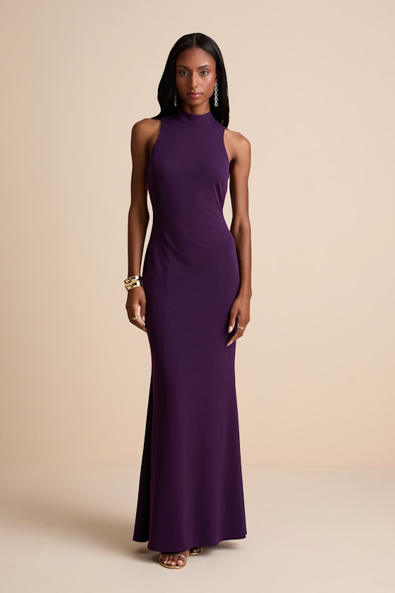 Damaris Dark Purple Mock Neck Backless Maxi Dress