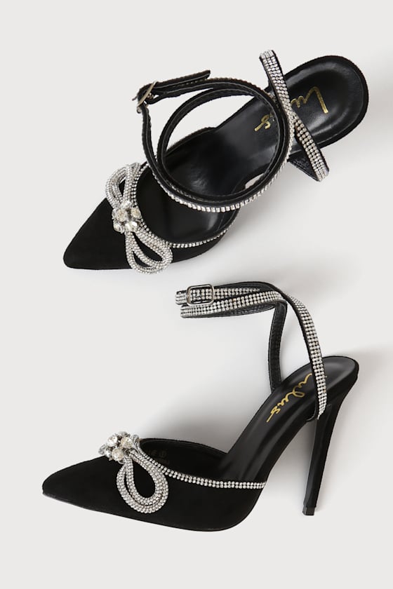 Lullie Black Suede Rhinestone Ankle Strap Pointed-Toe Pumps