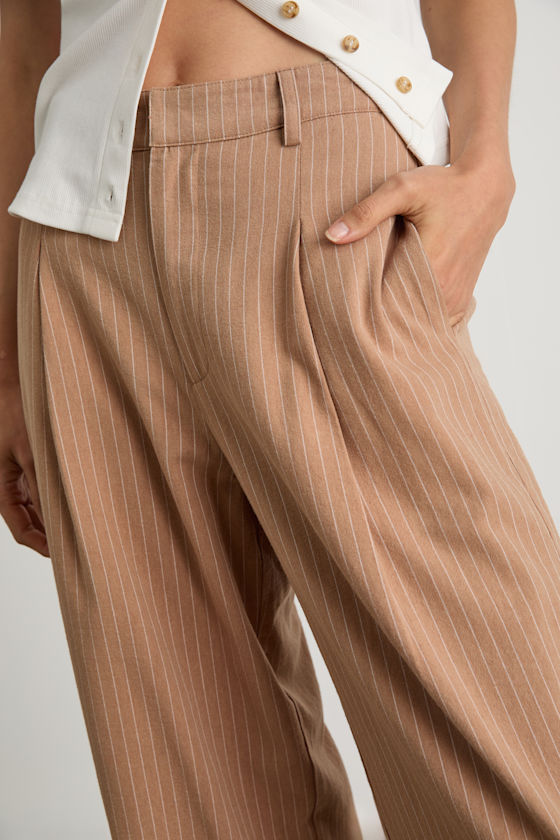 Siyana Tan Pinstriped Linen Straight Leg Trouser Pants