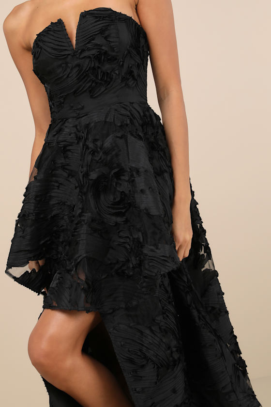 Majestic Glam Black Strapless Textured High-Low Maxi Dress