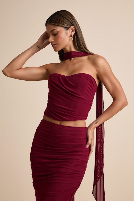 Elvena Wine Red Mesh Ruched Strapless Two-Piece Maxi Dress