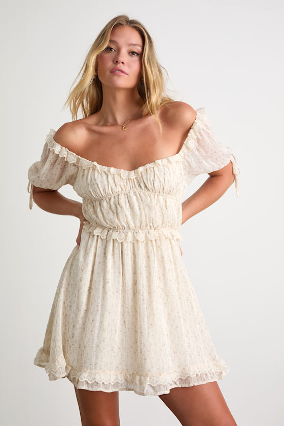 Adoring Moment Ivory Floral Lace Ruffled Puff Sleeve Mini Dress