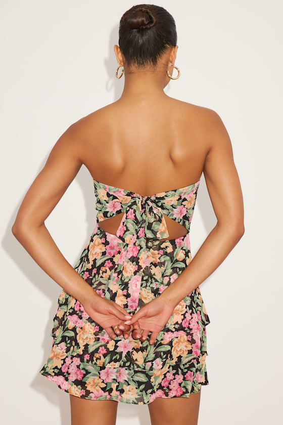 Suvi Black Floral Strapless Tiered Asymmetrical Mini Dres