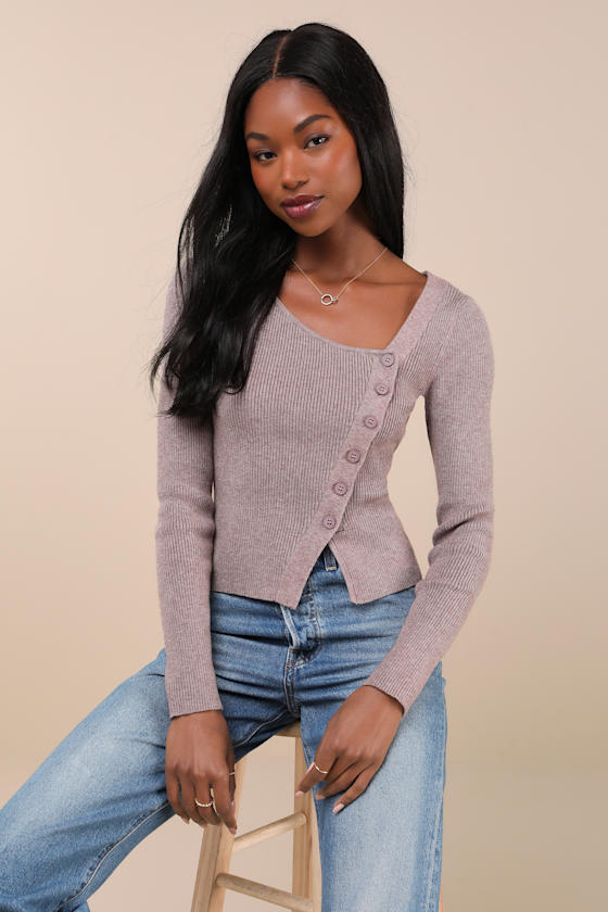 Modern Status Taupe Marled Asymmetrical Button-Front Sweater Top