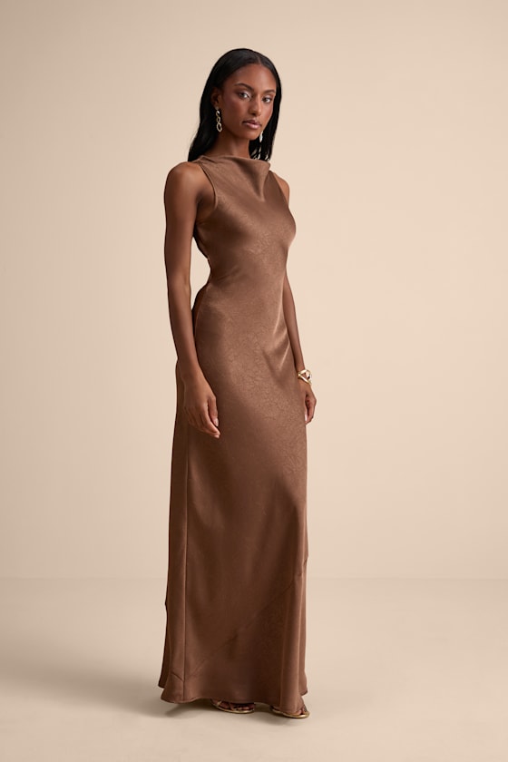 Alisha Brown Crinkle Satin Backless Maxi Dress
