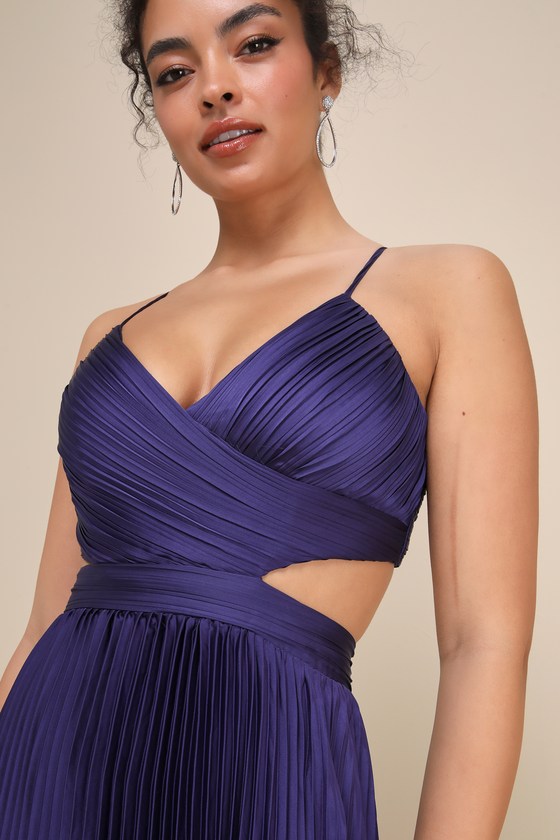 Got the Glam Navy Blue Pleated Cutout Maxi Dress