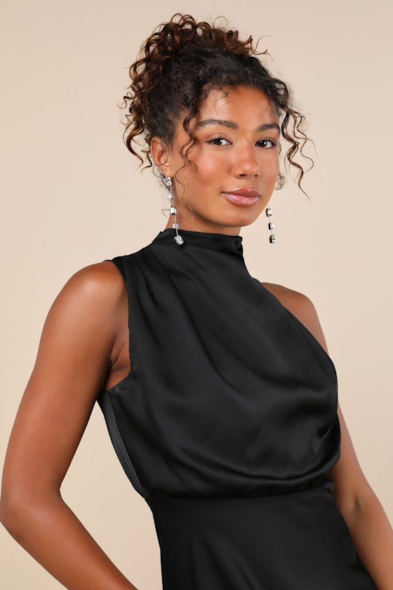 Distinctive Charm Black Satin Asymmetrical Midi Dress