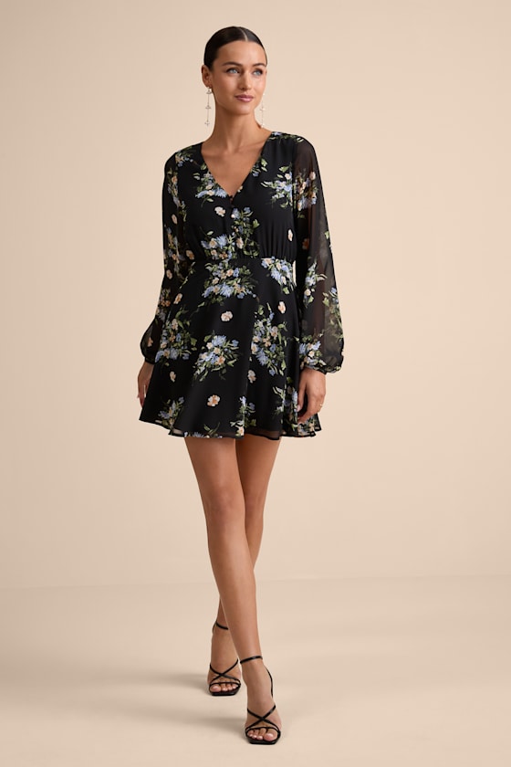 Always Your Black Floral Print Long Sleeve Skater Dress