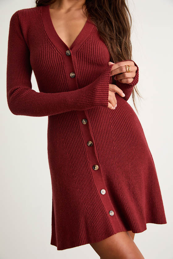 Adorably Flirty Rust Red Button-Front Sweater Mini Dress