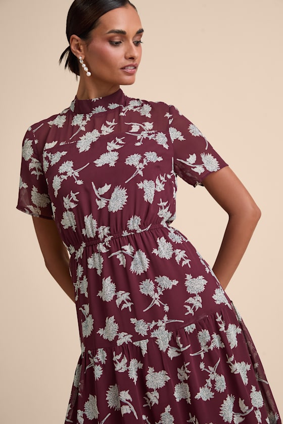 Floral Dressed Up Burgundy Floral Print Midi Dress