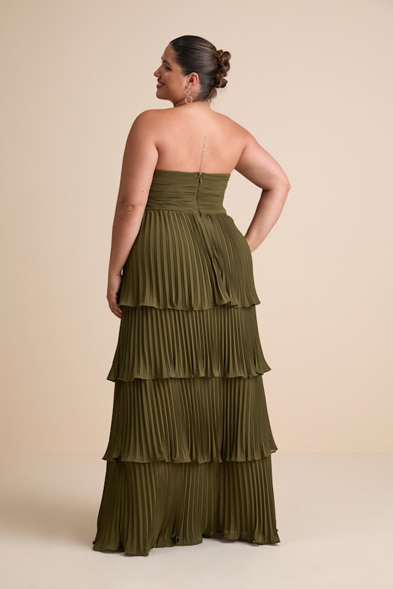 Seriously Sensational Olive Green Strapless Tiered Maxi Dress