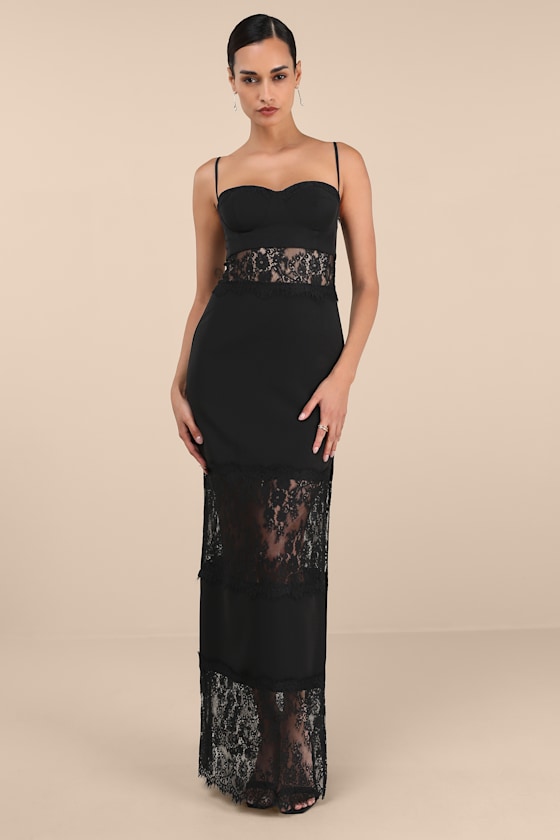 Jiliana Black Lace Column Maxi Dress
