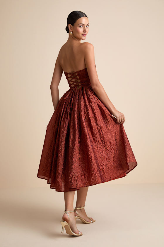 Analeia Rust Jacquard Lace-Up Strapless Midi Dress