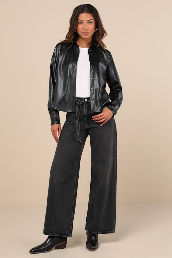 Polished Attitude Black Vegan Leather Button-Up Top