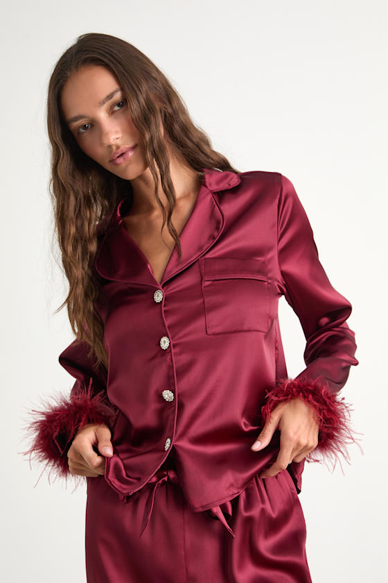 Dreamiest Delight Burgundy Satin Feather Two-Piece Pajama Set