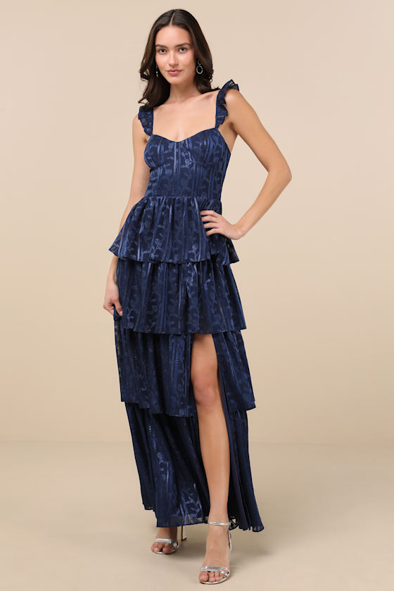 Stunning Glory Navy Blue Floral Jacquard Tiered Maxi Dress