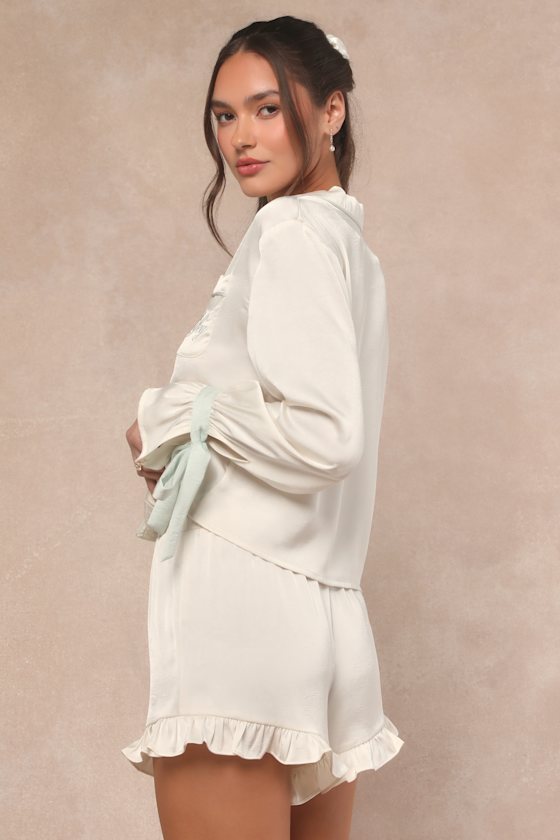 Kelda Ivory Satin Embroidered Two-Piece Pajama Set