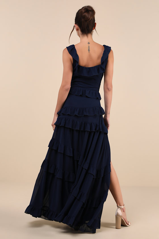 Compelling Romantic Dark Blue Ruffled Tiered Maxi Dress