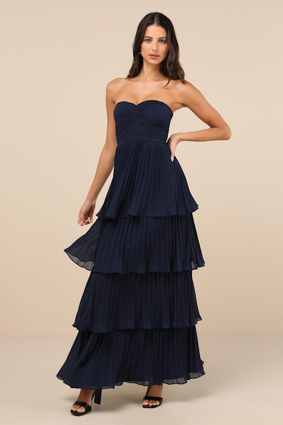 Seriously Sensational Navy Blue Strapless Tiered Maxi Dress