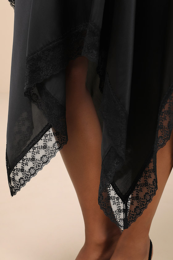 Indescribable Allure Black Satin Handkerchief Midi Skirt