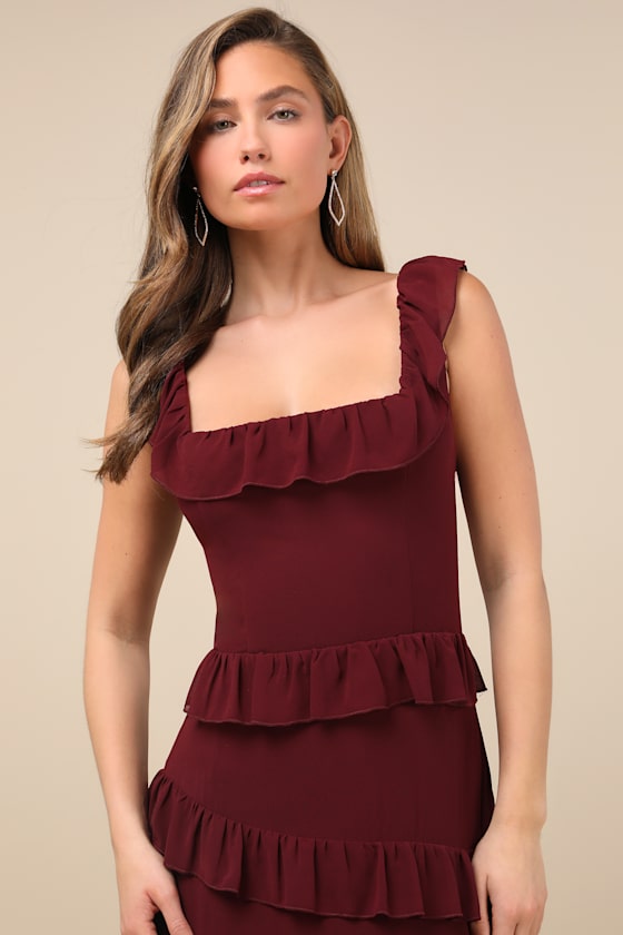 Compelling Romantic Burgundy Ruffled Tiered Maxi Dress
