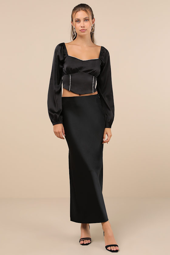 Glitteringly Gorgeous Black Rhinestone Cropped Long Sleeve Top