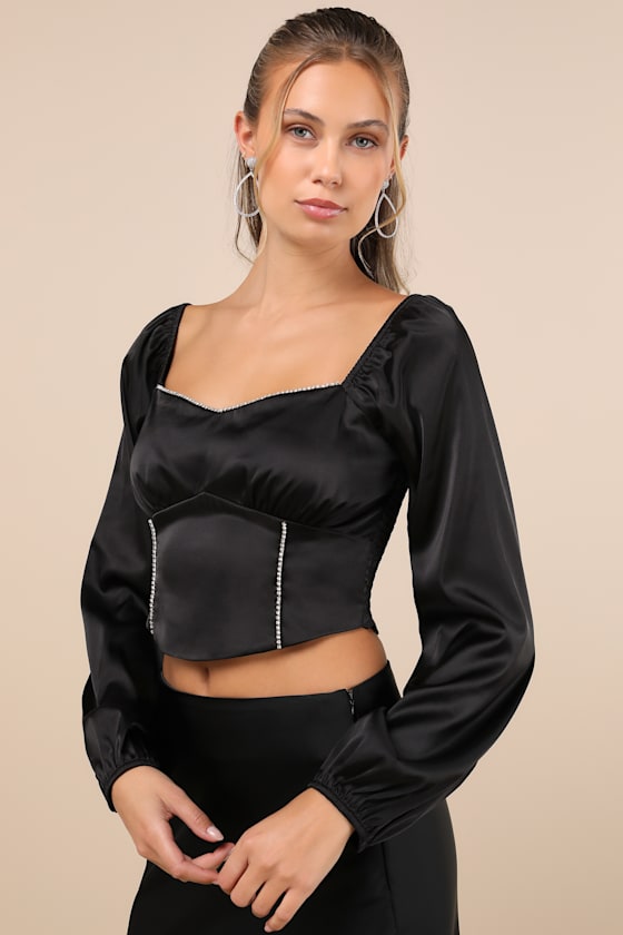 Glitteringly Gorgeous Black Rhinestone Cropped Long Sleeve Top