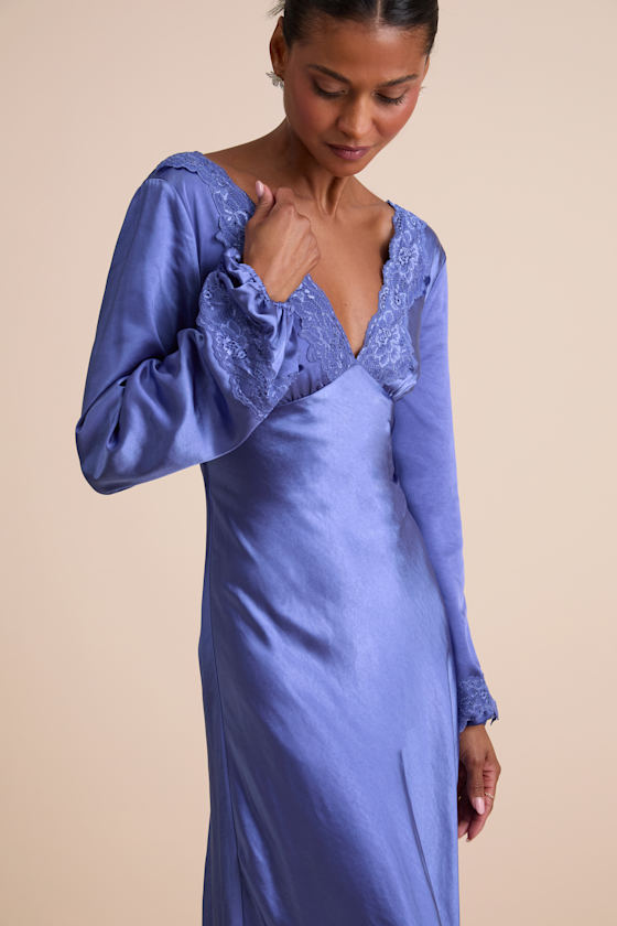 Illustrious Elegance Periwinkle Satin Long Sleeve Midi Dress