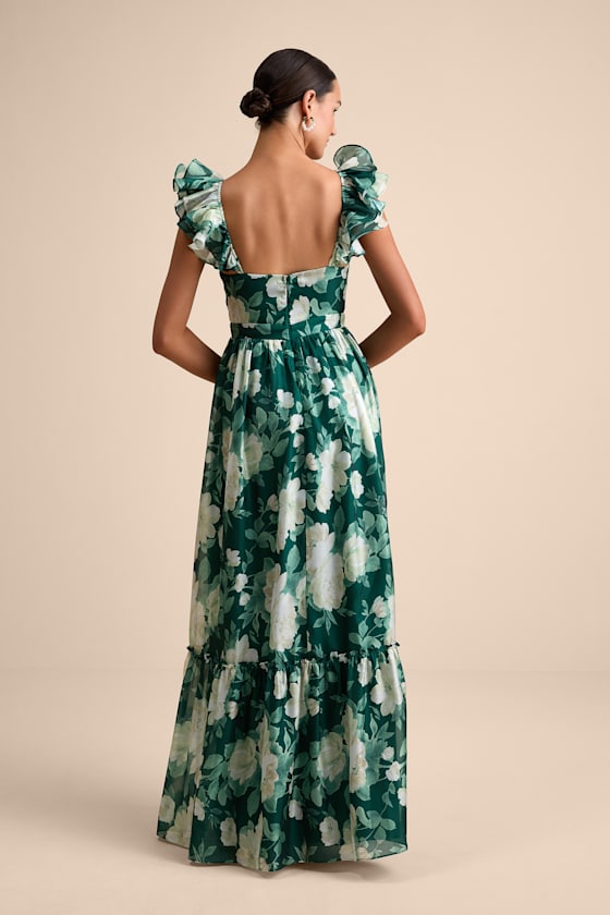Soiree Perfection Green Floral Ruffled Tiered Maxi Dress