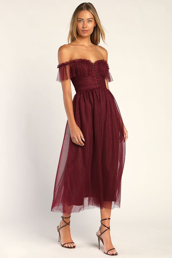 Regal Radiance Burgundy Tulle Bustier Midi Dress