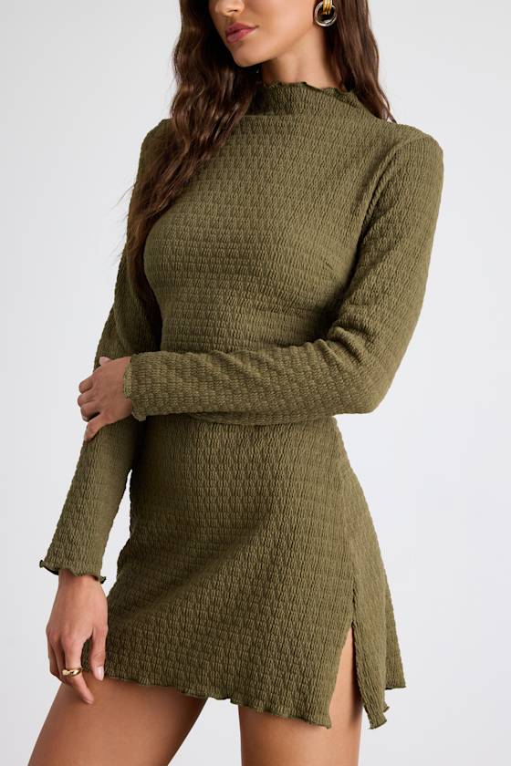 Flattering Forecast Olive Green Textured Long Sleeve Mini Dress