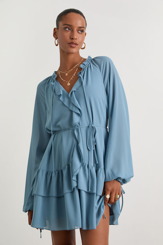 Allirah Light Blue Ruffled Long Sleeve Mini Dress