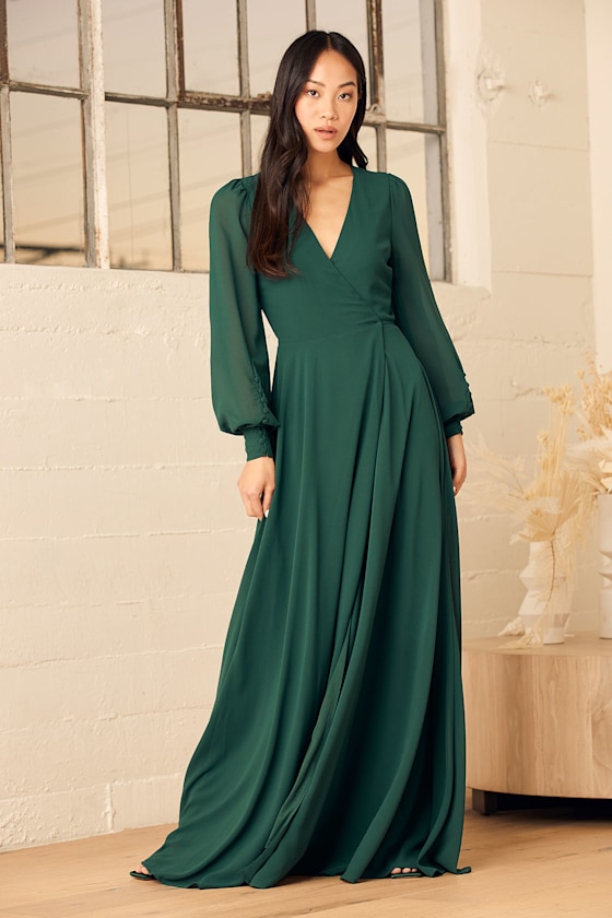My Whole Heart Emerald Green Long Sleeve Wrap Dress