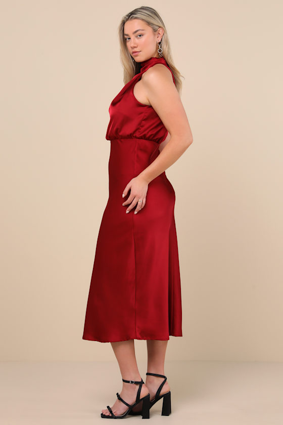 Distinctive Charm Burgundy Satin Asymmetrical Midi Dress