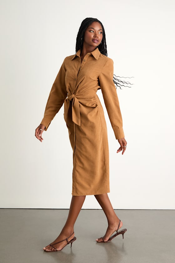 Autumnal Views Tan Suede Button-Up Tie-Front Midi Dress