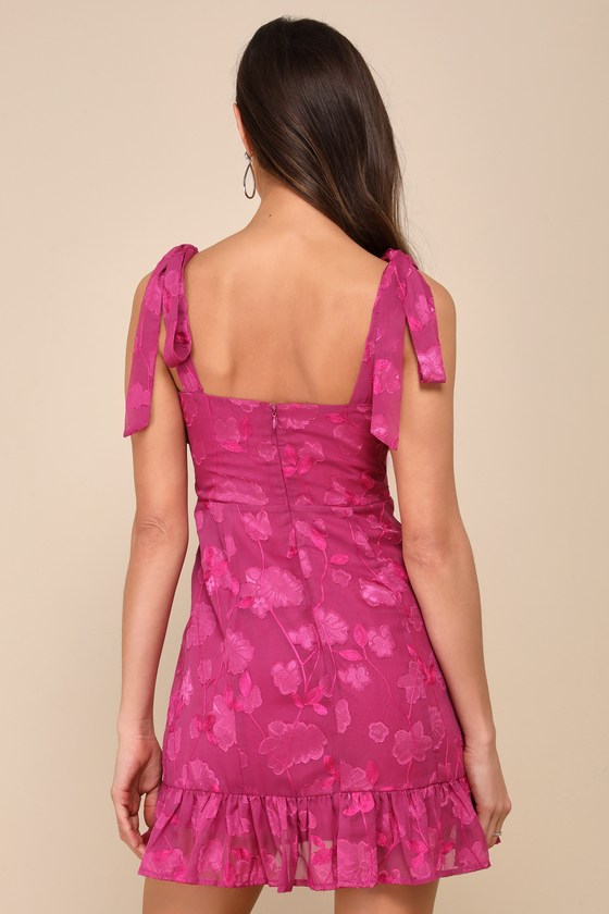 No One Prettier Magenta Floral Embroidered Tie-Strap Mini Dress