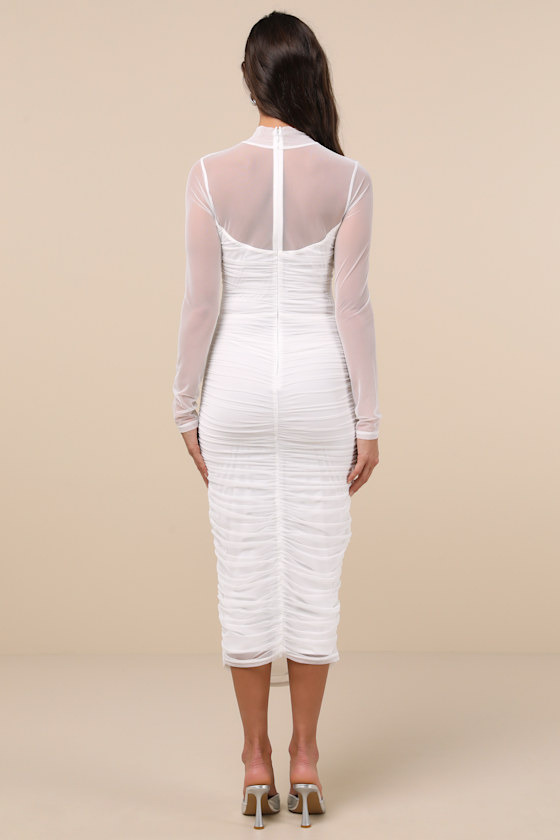 Impressive Flirt White Mesh Ruched Mock Neck Midi Dress