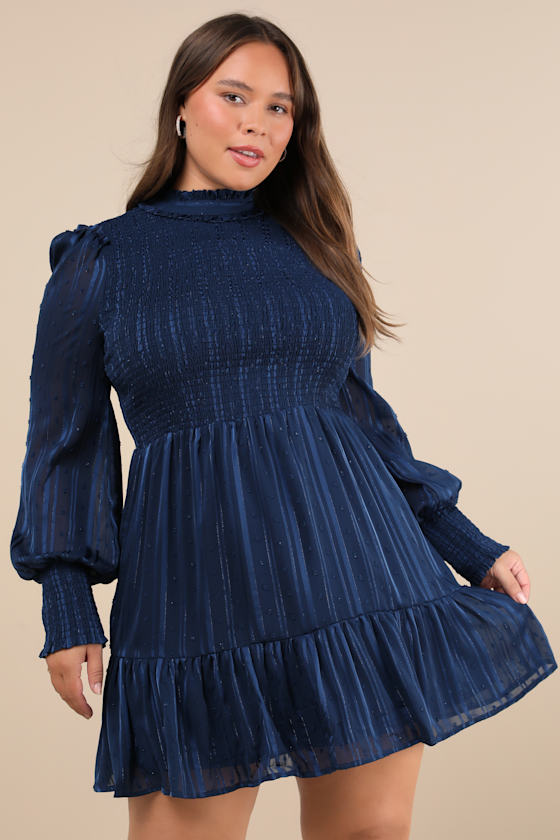 Heartful Romance Navy Striped Smocked Long Sleeve Mini Dress