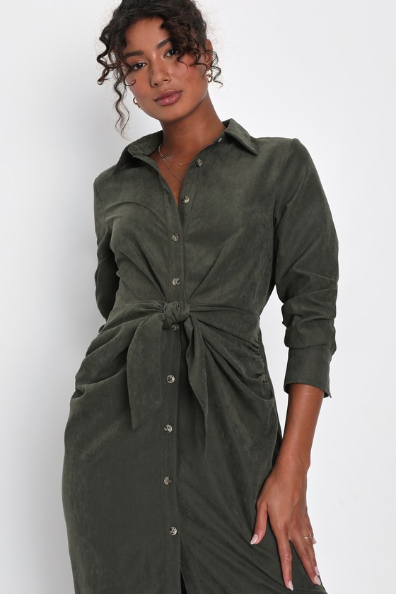 Autumnal Views Olive Green Suede Button-Up Tie-Front Midi Dress
