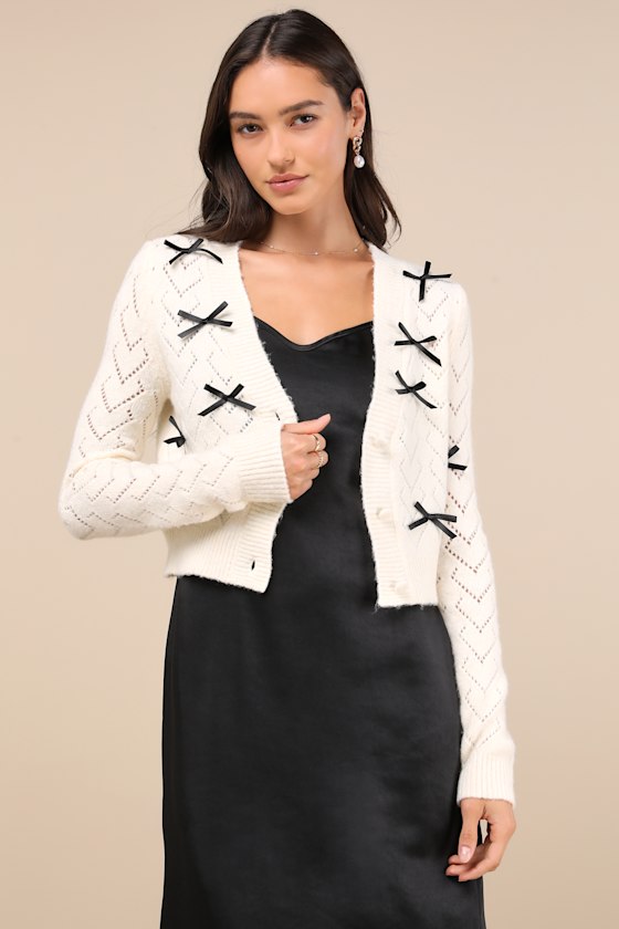 Coquette Coziness Black and Ivory Two-Piece Dress & Cardigan Set