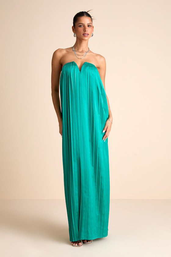 Celandine Teal Green Pleated Strapless Swing Maxi Dress