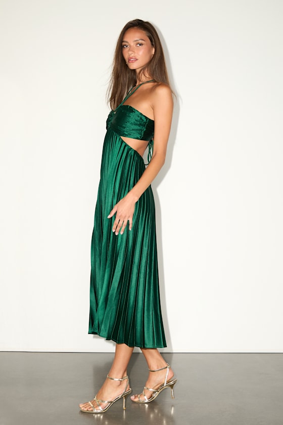 Aerin Emerald Satin Pleated Cutout Midi Dress