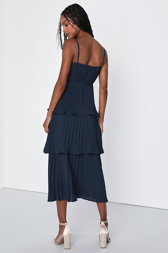 Cascading Crush Navy Blue Tiered Bustier Midi Dress
