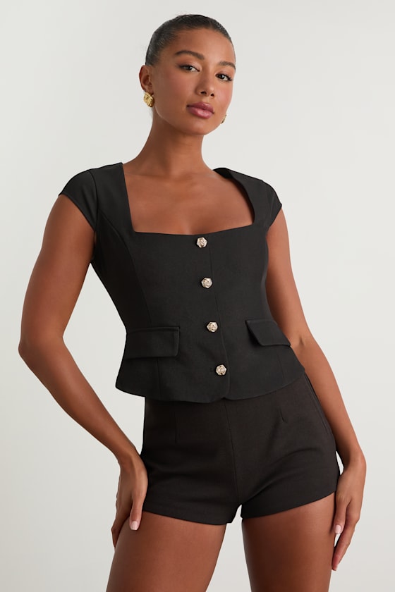 Azora Black Button-Front Cap Sleeve Top