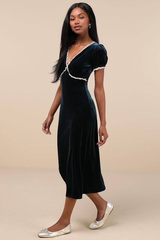 Idyllic Poise Dark Teal Velvet Puff Sleeve Lace Midi Dress