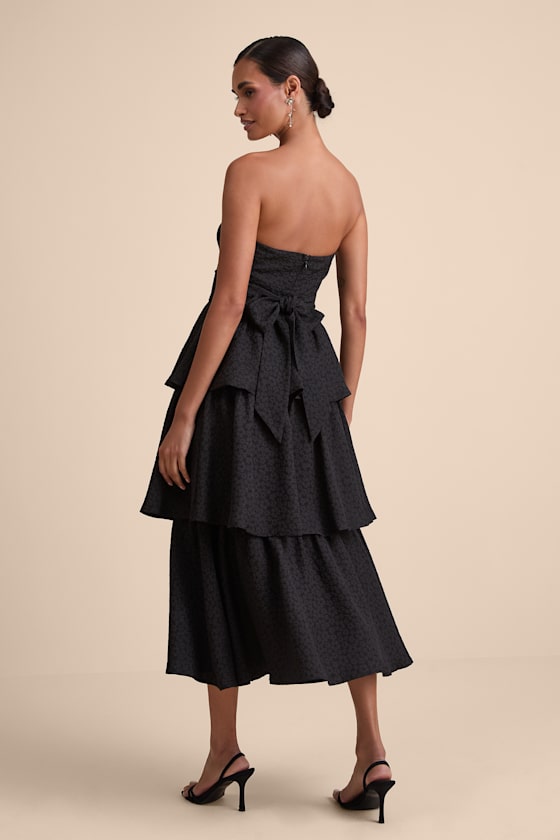 Truly Marvelous Black Jacquard Strapless Tiered Midi Dress