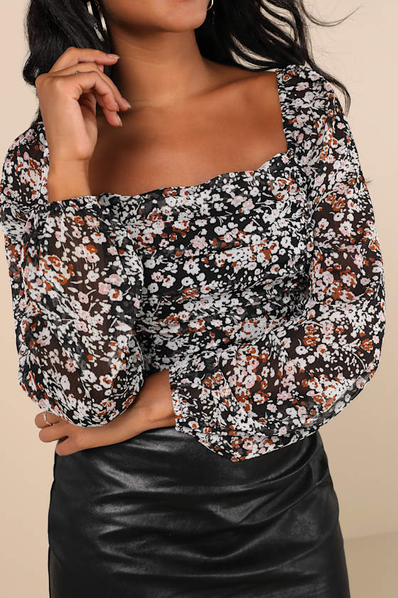 Mood Setter Black Floral Print Ruched Long Sleeve Top